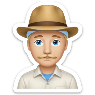 Justin Jeffre blue eyes, blonde hair and brown mustache, white shirt and hat sticker
