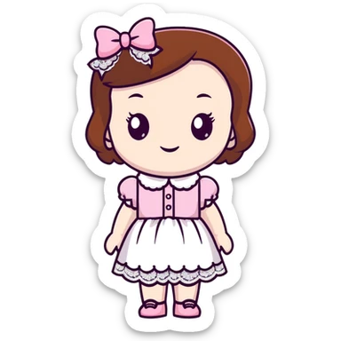 pale skin coquette girl with brown hair, pink bows, lace, pearls, dainty sticker