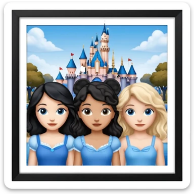 escribe el nombre Disneyland Paris y para titulo, pon a quatro chicas: una pelo corto negro, una pelo rizado largo, una pelo largo liso y la otra pelo ondulado mediano, esta con el ojos azules. Haz un cuadrado rectangular grande en grande blanco y por los lados pon a las chicas que te he descrito sticker