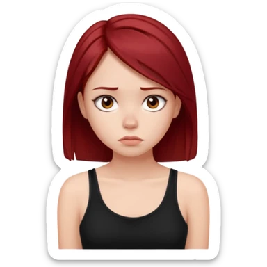 a pretty bratz fair girl with dark red straight hair, black cami top, looking sad sticker