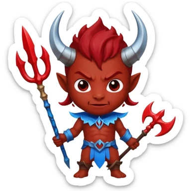 a Red devil, short horn Chibi red demon hold a blue trident sticker
