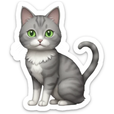 full body view of beautiful female grey cat with green eyes, white paws and white chest sticker