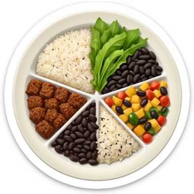 Food plate divided in 4 parts: rice, black bean, minced meat and salad

 sticker