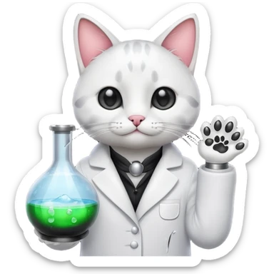 Sleek cat wearing a white coat, paw on a bubbling flask. sticker