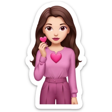  emoji, white person, inspired with brunette hair, brown eyes, long hair, heart shape lips and pink make up  and pink nails, mauve pink blush and brown wide leg pants, burgundy shoulder drop shirt, brown heels , princess hair, brown heels, no floating hearts  sticker