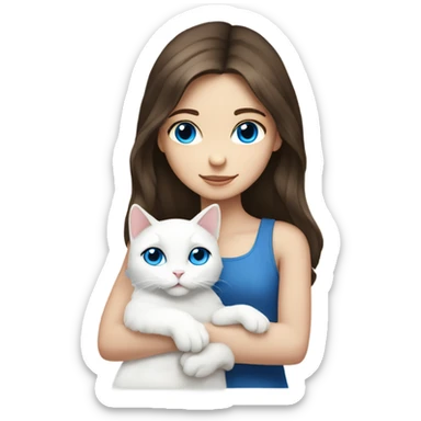 Brunette girl blue eyes hugging a fully white cat sticker