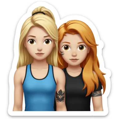 girl with long blonde hair and black tattoos next to a an athletic ginger girl sticker