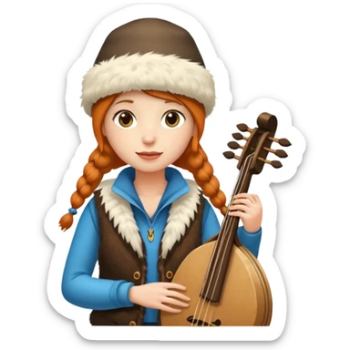 "Girl 👩🏻‍🦱 in fur hat 👒🦊 and vest 🧥, standing in snow ❄️🌲, holding a Bashkir dombyra 🎶 (long-necked two-string folk instrument). Emoji style." sticker