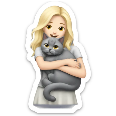 Blonde girl hugging her grey British cat sticker