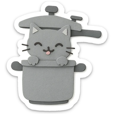 chibi pressure cooker-cat hybrid, popping out of the lid, playful expression, soft grey, full-body sticker