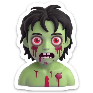 Create a 3D emoji of a boy zombie with medium-long, shaggy black hair, pale green skin, large brown eyes with dark circles, bloody wounds under the eyes, and a creepy, scared expression. Match the style and details of the reference image as closely as possible. sticker