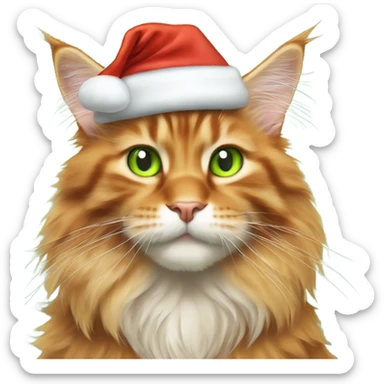 orange maine coon with light green eyes wearing santa hat sticker