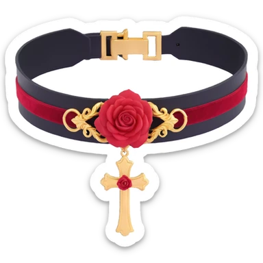 gothic choker with crimson velvet band, gold cross pendant, deep red rose centerpiece, dramatic and gothic style sticker