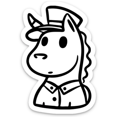 Cartoon pony with a dog's face and features, wearing military uniform and hat sticker