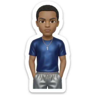 Drake with dark brown eyes, black short hair, navy blue metallic t-shirt, gray metallic baggy pants, silver necklace sticker