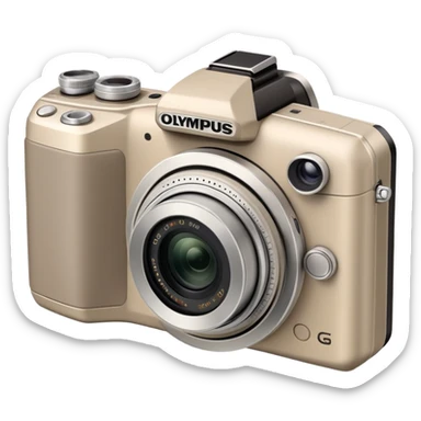 Ultra simplified Olympus Superzoom 70G camera, grayish-beige color, abstract representation with bare minimum of recognizable features sticker