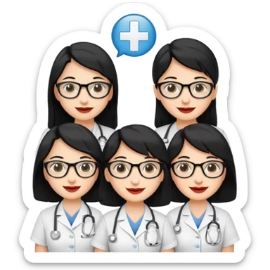Genera emogis de 4 cuatro enfermeras de cabello negro largo, entre ellas que una tenga lentes y otra un lunar encima de los labios sticker