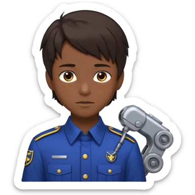 A 20-year-old man with dark brown hair, anime style, dark brown eyes, his hair on the right side is normal and straight, while the left side extends sideways. He is wearing a collared uniform. The background is filled with machines. sticker