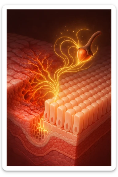 Scientific visualization. A damaged, inflamed section of intestinal lining. A miniature, glowing clove is positioned like a healer, sending out tendrils of golden energy that soothe the inflammation and weave the cellular barrier back together, creating a healthy, sealed surface. sticker