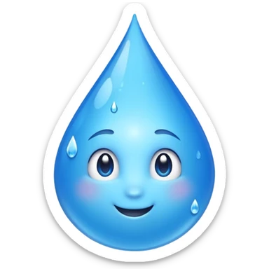 Emoji of a water droplet with a fresh, good-tasting feeling, clean and shiny, subtle sparkles or freshness lines, friendly and positive look. Simple emoji style, smooth shapes, bright blue color, transparent background. Suitable for messaging apps| sticker