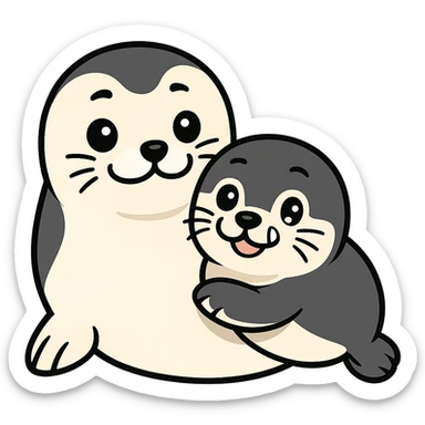 Transform the seal pup and mother in the image to resemble Yo-chan and Tusk-chan from Tokkari Centre, maintaining the happy pose and preserving the transparent background. sticker
