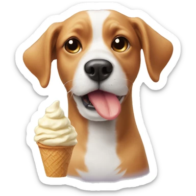 Dog with fluffy ears a chicken nose eating a ice cream sticker
