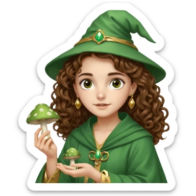 very beautiful italian girl, looking like Emma Watson, with curly and big volume very bright brown hair, and a golden piercing ring in nose on left side, dressed in a beautiful wizard robe of green colors, holding fly mushroom sticker