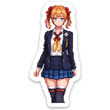 Honoka Kosaka from Love Live standing in Otonokizaka High School courtyard, orange side ponytail with yellow ribbon, blue eyes, navy blazer, red ribbon at collar, blue tartan skirt, black knee socks, brown loafers, cherry blossom petals floating, spring breeze, cheerful and determined expression sticker