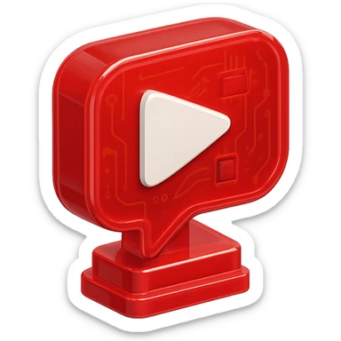 red speech bubble with a red YouTube white play button, like a trophy, glossy circuit style sticker