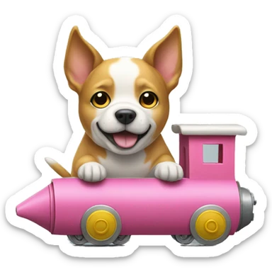 A dog riding a fabric train with yellow cabins and a pink head sticker
