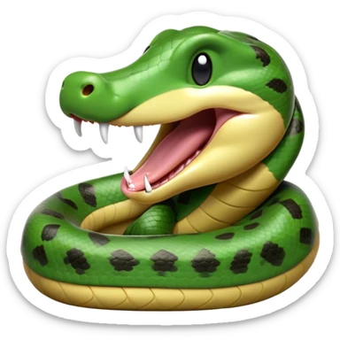 Cinematic Cute Yawning Anaconda Portrait Emoji, Head tilted slightly with a dramatic, wide-open yawn, showcasing a sinuous, scaled form with half-closed, drowsy eyes and an open, relaxed mouth, Simplified yet irresistibly adorable features, highly detailed, glowing with a soft, cozy jungle glow, high shine, relaxed yet expressive, stylized with a dash of whimsical reptilian charm, soft glowing outline, capturing the essence of a drowsy yet affectionate anaconda that appears ready to stretch out for a nap! sticker