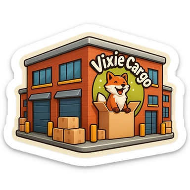 Create a variation of the parcel warehouse building emoji with the Vixie Cargo logo, adding more parcels stacked outside, with no background. sticker