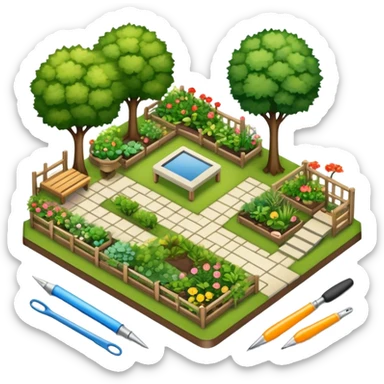 Icon for Landscape Design: a garden layout with trees, plants, pathways, and outdoor furniture, along with design tools like a ruler and sketchpad. The icon should represent the creativity and planning behind landscape design. Transparent background. sticker