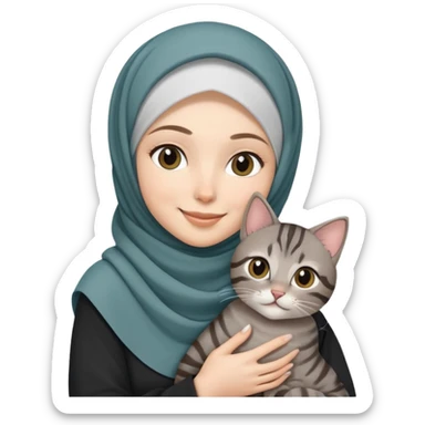 White girl wearing hijab smiling while holding a black grey tabby cat sticker