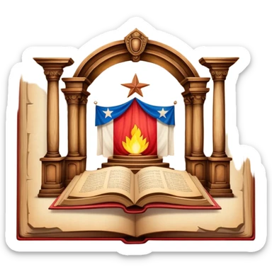 Ancient book open to display hand-drawn theatrical set design sketches on parchment pages, with Puerto Rican flag colors subtly incorporated, wooden theater elements, warm glowing aura sticker