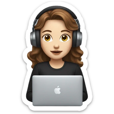 women with white skin and long brown wavy hair developing on a macbook with headset on, wearing a black t-shirt sticker