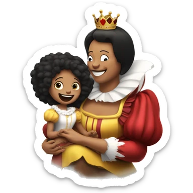 The queen of hearts tickling her daughter with a feather sticker