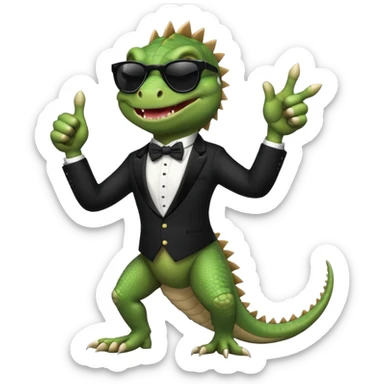 capitalist iguana banker in tuxedo and black sunglasses dancing crazy thumb up sticker