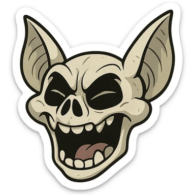 cartoon bat skull, whitish-gray, with exaggerated black eye sockets, expressing extreme emotions like laughter or frustration sticker