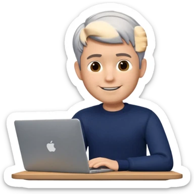 3D Memoji of the man from the photo, short salt-and-pepper hair, dark navy sweater, sitting with a silver laptop, Pixar style, white background, professional smile sticker