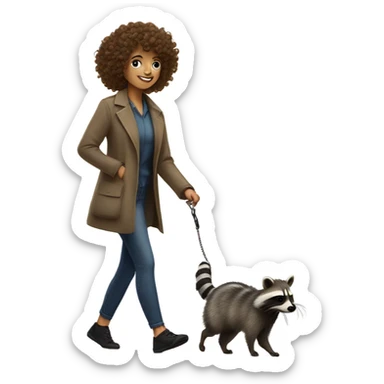 Curly haired white woman walking a raccoon like a dog sticker