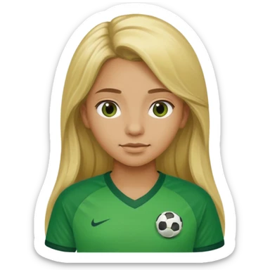 A light brown girl  and long blond hair with a green football shirt sticker