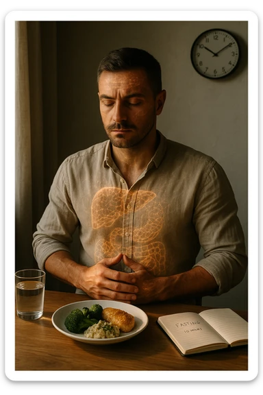 A cinematic close-up of a focused man in his mid-30s with slight beard and tired but determined eyes, sitting alone at a simple wooden table with an untouched plate of food in front of him. His hands are clasped, fingers interlocked in a meditative position over his lower abdomen, symbolizing willpower and internal balance. He wears a lightweight natural fiber shirt, sleeves rolled up. The lighting is soft and natural, early morning light coming from a nearby window. Around him, visual cues of cellular regeneration — faint glowing patterns subtly overlaying his body, especially near the liver, gut, and brain, suggesting autophagy and deep healing. The room is minimalist: a glass of water, a notebook with fasting hours, and a clock in the background ticking calmly. The tone is serene, intentional, and deeply introspective. Shot in 35mm cinematic style, warm highlights and clean shadows. sticker