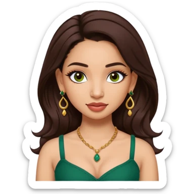 pretty bratz genmoji that looks like tamannah bhatia (bollywood actress), wearing a dark green sweetheart neckline top, dark brown hair, light makeup, no necklace, dangly earrings, side hair part, dark brown eyes, with full tattoos sticker