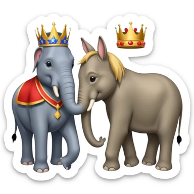 Democratic Party elephant facing Republican Party donkey with King Trump inbetween sticker