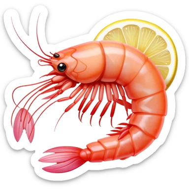 Cinematic glistening shrimp, pink and juicy, slightly curled with a light char, served with lemon wedges, ultra-detailed and fresh, warm glowing background. sticker
