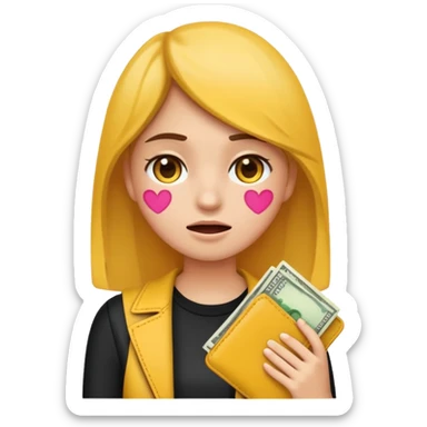 Emoji de una chica joven mostrando que no tiene dinero, sosteniendo una billetera vacía, expresión preocupada o triste, estilo emoji moderno y minimalista, colores planos, líneas limpias, fondo transparente. sticker