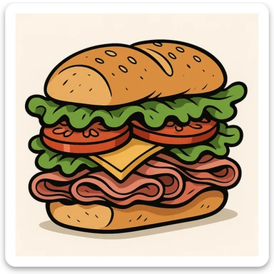 cartoon-style submarine sandwich with exaggerated layers of lettuce, tomato, cheese, deli meats, playful and bold, isolated on white background sticker