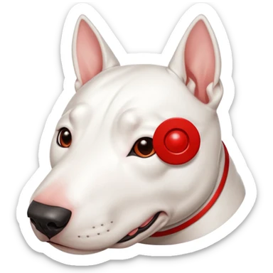 Target store mascot dog, white bull terrier, red bullseye on eye, lying down, relaxed, minimal sticker