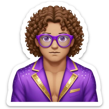 Wrestler with brown curly hair, purple bike glasses, arrogant face, purple open jacket with sequins sticker